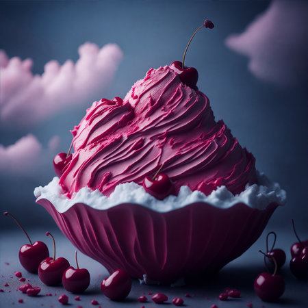 Cherry Ice Cream on a Fluffy Cloudy Fantasy Background, created with Generative AI technologyの素材