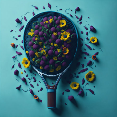 3D Tennis Racket Made Of Spring Flowers On A Flat Background, created with Generative AI technologyの素材