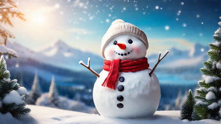 Merry Christmas and Happy New Year greeting card with copy space. Happy snowman standing in winter Christmas landscape. Snowy background, 2024の素材