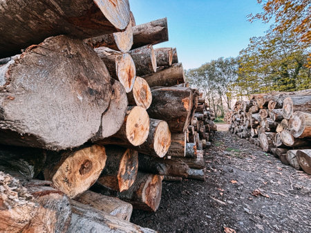 Pile of freshly cut wooden logs on a side of a muddy road in a forest. Forestry industry and business. Fire wood and construction material production. Ecology issue.の写真素材