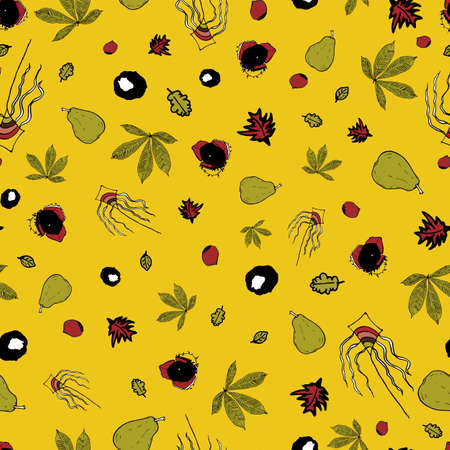 Vector Yellow Autumn leaves and pears doodle background patternのイラスト素材