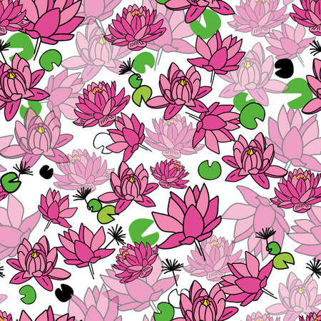 Vector Pink lotus flowers and green leaves pattern background. Surface pattern backgroundのイラスト素材