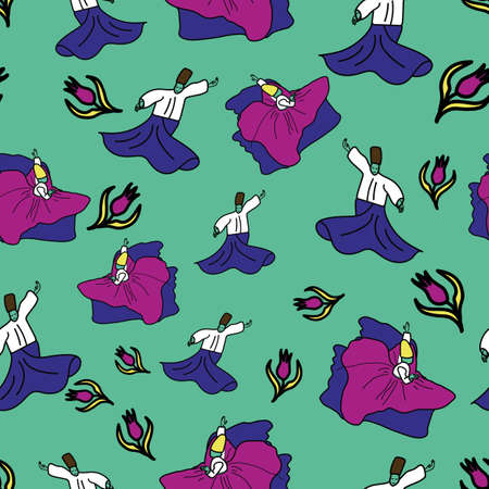 Vector Sufi dancers Dervish and tulips background patternのイラスト素材