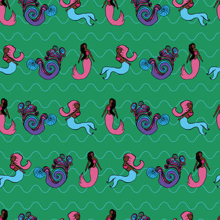 Vector Green Mermaids swimming underwear background pattern. Surface pattern designのイラスト素材
