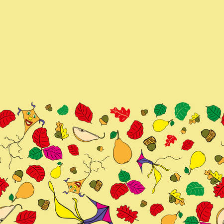 Vector Bright color Autumn with leaves, kite, and acorns horizontal border background patternのイラスト素材