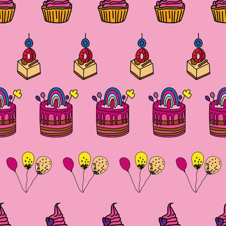 Vector Pink Funny Party with cakes seamless background pattern. Surface pattern designのイラスト素材