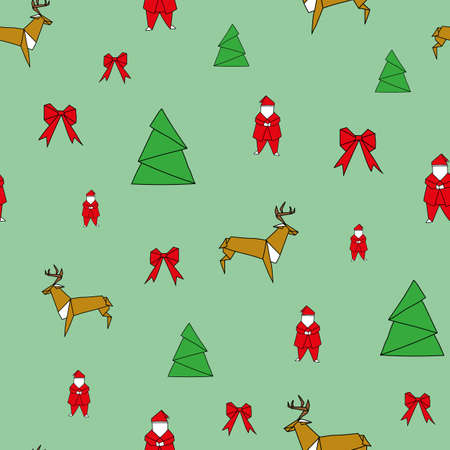 Vector Green Origami Christmas with Santa and rendeer seamless background pattern. Surface pattern...