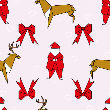 Vector Pink Origami Christmas with hearts seamless background pattern. Surface pattern designのイラスト素材