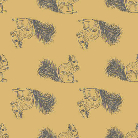 Vector Beige Squirrels Ink seamless background pattern. Surface pattern designのイラスト素材