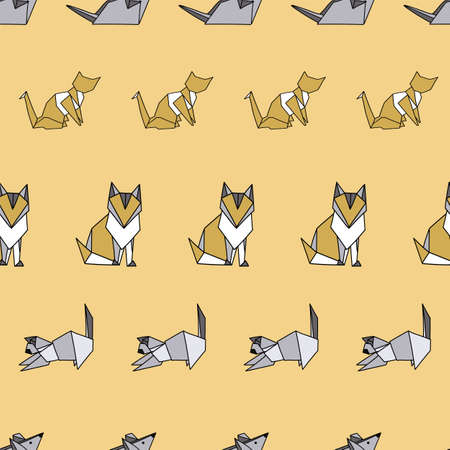 Vector Origami Cats with Mouse seamless background pattern. Surface pattern designのイラスト素材