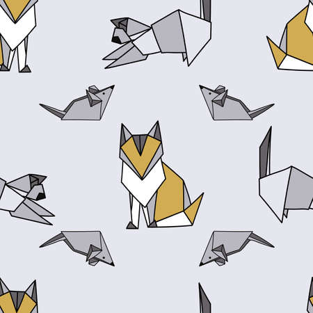 Vector Gray Origami Cats with Mouse seamless background pattern. Surface pattern designのイラスト素材