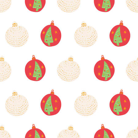 Vector White Christmas baubles with trees background pattern. Surface pattern designのイラスト素材