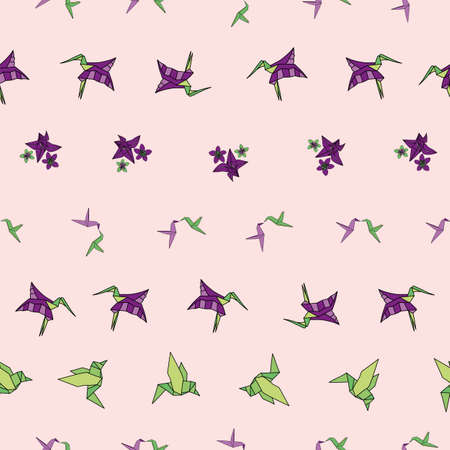 Vector Light pink little hummingbird Origami birds background pattern. Surface pattern designのイラスト素材