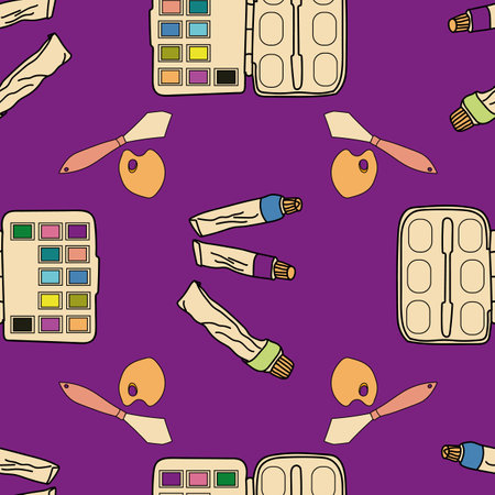 Vector purple painting tools and brush background patternのイラスト素材