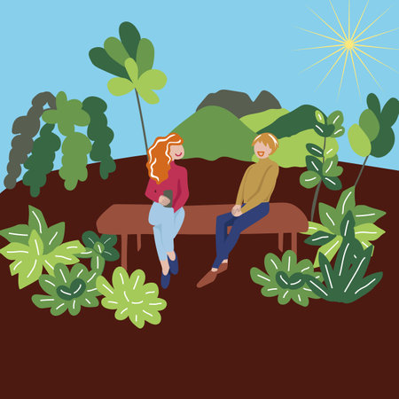 Having a coffee and chating in the park Card. Vector illustration. Spring in the park.のイラスト素材