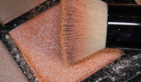 Makeup brush with powder. Close up of make-up brush.