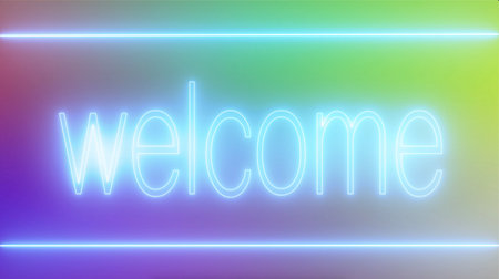 Neon welcome sign on colorful background. Neon light banner.の写真素材