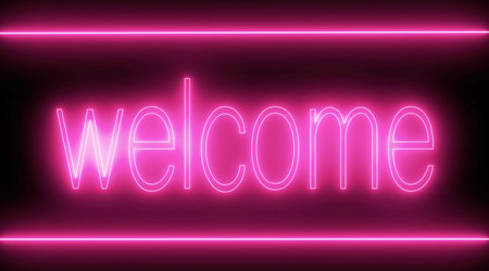 Neon welcome sign in red and pink colors.の写真素材