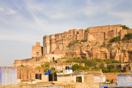 The Mehrangarh fortress on a hilltop in the rajasthani Blue City of Jodhpur in Rajasthan Indiaのeditorial素材