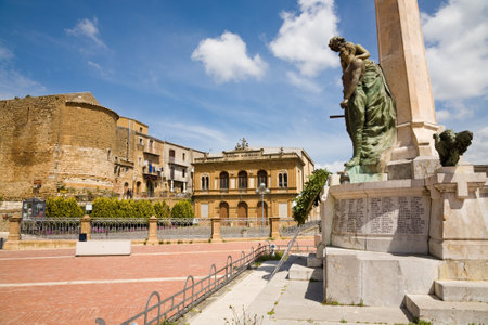 Piazza Armerina, Italy - 2015, April 26 : The Umberto I square in Piazza Armerina with memorial and Garibaldi theater in central Sicily, Italyのeditorial素材