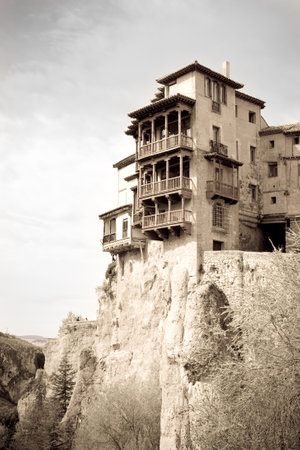 Cuenca, Spain - 2012, April 27 : The hanging houses or casas colgadas of Cuenca, housing a restaurant and a museum of Spanish abstract artのeditorial素材