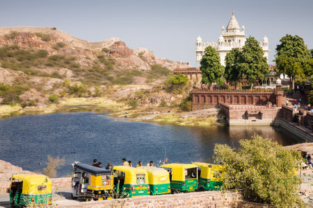 Jodhpur, India - 2015, January 3 : The white marble historic Jaswant Thada mausoleum as seen from...