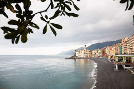 Camogli on a cloudy morning on the coast of the Genova province of the Liguria region in northern Italyの写真素材