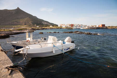 The harbour of the fishing village of Punta Longa on the island of Favignana in Sicily near Trapani, Italyの写真素材