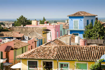 Some pastel colored houses in the old colonial town of Trinidad in Cubaの写真素材
