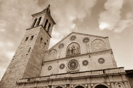 The facade of the cathedral with mosaics of the town of Spoleto in Umbria in Italy