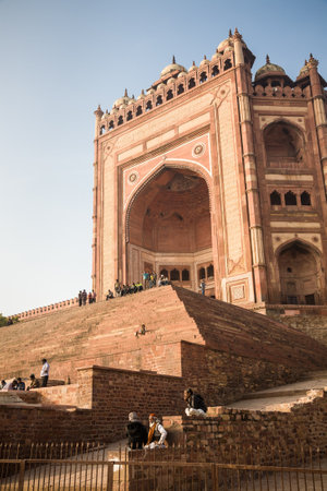 Fatehpur Sikri, India - 2015, January 9 : The decorated facade of the gate of the mughal Jama Masjid or Friday mosque of the town of Fatehpur Sikri in Indiaのeditorial素材