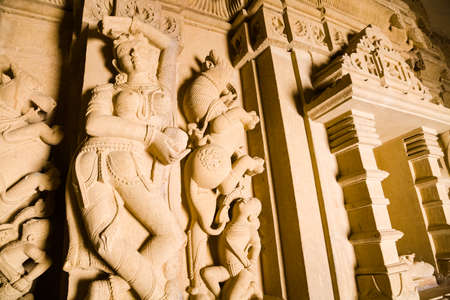 Detail of decorations of the Adeshwar Nath Jain temple in Amar Sagar near Jaisalmer in Rajasthan, Indiaの写真素材