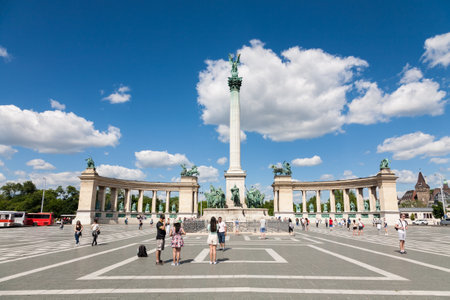 Budapest, Hungary - 2017, May 27 : The Millennium Monument in the Heroes Square next to the City Park of Budapest with tourists walking around and taking photographs, Hungaryのeditorial素材