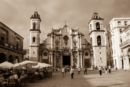 Havana, Cuba - 2012, November 29 : The baroque facade of the colonial Virgin Mary of the Immaculate Conception cathedral of Havana and its square with peopleのeditorial素材