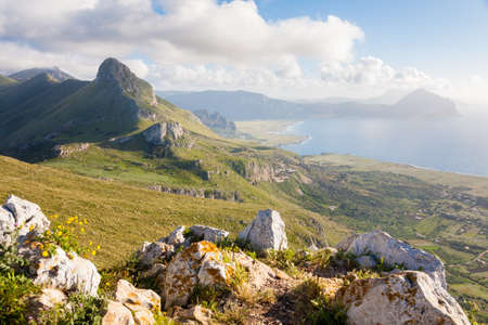 A landscape of the Monte Cofano nature park seen from the Monte Monaco near San Vito Lo Capo in northern Sicily, Italyの写真素材
