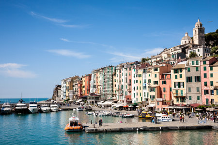 Portovenere, Italy - 2017, April 30 : The harbour and waterfront of the fishing village of Portovenere in the La Spezia province of the Liguria region of northern Italyのeditorial素材