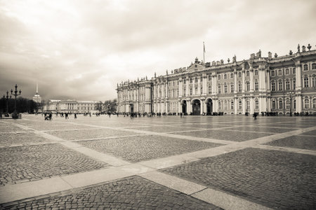 Saint Petersburg, Russia - 2018, April 25 : The Winter Palace of Saint Petersburg as seen from the Palace Square on a cloudy and rainy day, Russia (monochrome)のeditorial素材