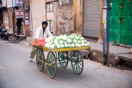 Jodhpur, India - 2015, January 3 : A vegetable vendor pushing a cart filled with cauliflowers and carrots in the streets of the blue city of Jodhpur in central Rajashtanのeditorial素材