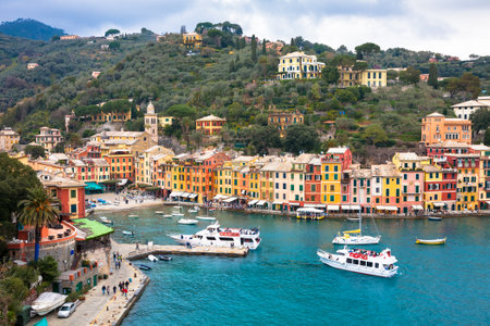 Portofino, Italy - 2016, March 20 : An aerial view on Portofino, a small resort town on the Italian Rivieraのeditorial素材