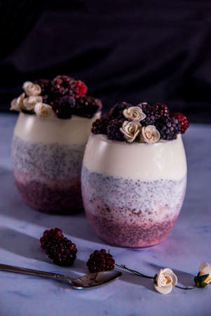 Three Layers Chia Seeds topped with Raspberries on a Gray and Black Backgroundの写真素材