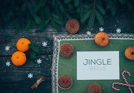 homemade christmas pie holiday dessert in new year tree decorations frame on vintage wooden table...