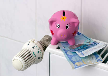 Save energy   Piggy bank with euro banknotes next to a thermostat on the heatingの写真素材