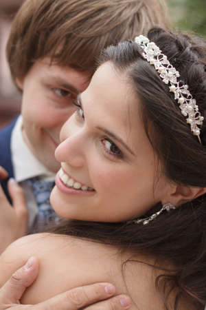 Happy smiling bride and groom close-up,outdoorsの写真素材
