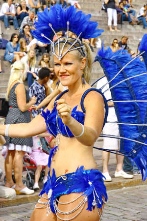HELSINKI, FINLAND - JUNE 16: An unidentified dancer participates at the annual Samba Carnaval in...