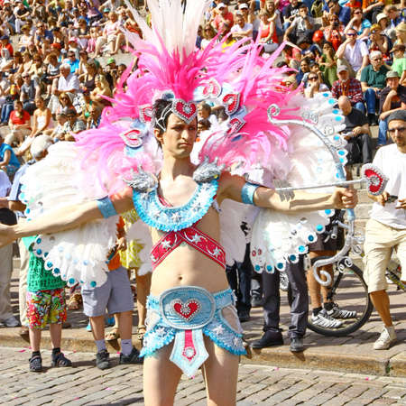 HELSINKI, FINLAND - JUNE 16: An unidentified dancer participates at the annual Samba Carnaval in...
