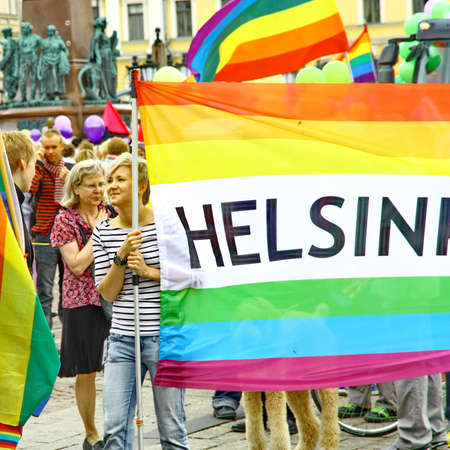 HELSINKI, FINLAND - JUNE 30: Unidentified people take part in the annual Helsinki Pride gay parade in Helsinki, Finland on June 30, 2012.のeditorial素材