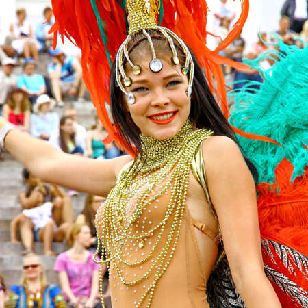 HELSINKI, FINLAND - JUNE 16: An unidentified dancer participates at the annual Samba Carnaval in...