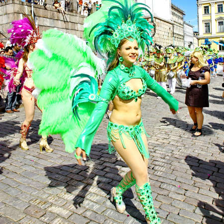 HELSINKI, FINLAND - JUNE 16: Unidentified dancers participate at the annual Samba Carnaval in...