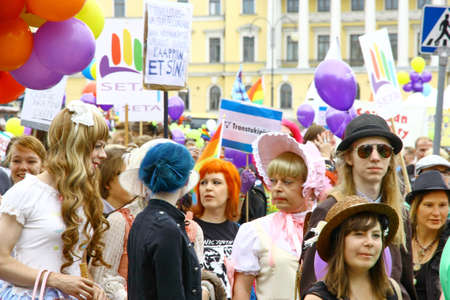 HELSINKI, FINLAND - JUNE 30: Unidentified people take part in the annual Helsinki Pride gay parade in Helsinki, Finland on June 30, 2012.のeditorial素材