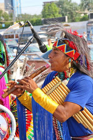 MOSCOW, RUSSIA - JUNE 1: Native American Indian tribal group play music and sing in the street for tourists and city dwellers on June 1, 2013 in Moscow, Russia のeditorial素材